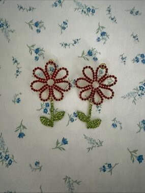 Betsey Jonhnson red Flower Drop Earrings with Green